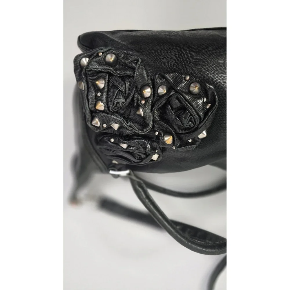 Betsey Johnson Black‎ Lizard Embossed Satchel | Studded Rosette Leopard Interior